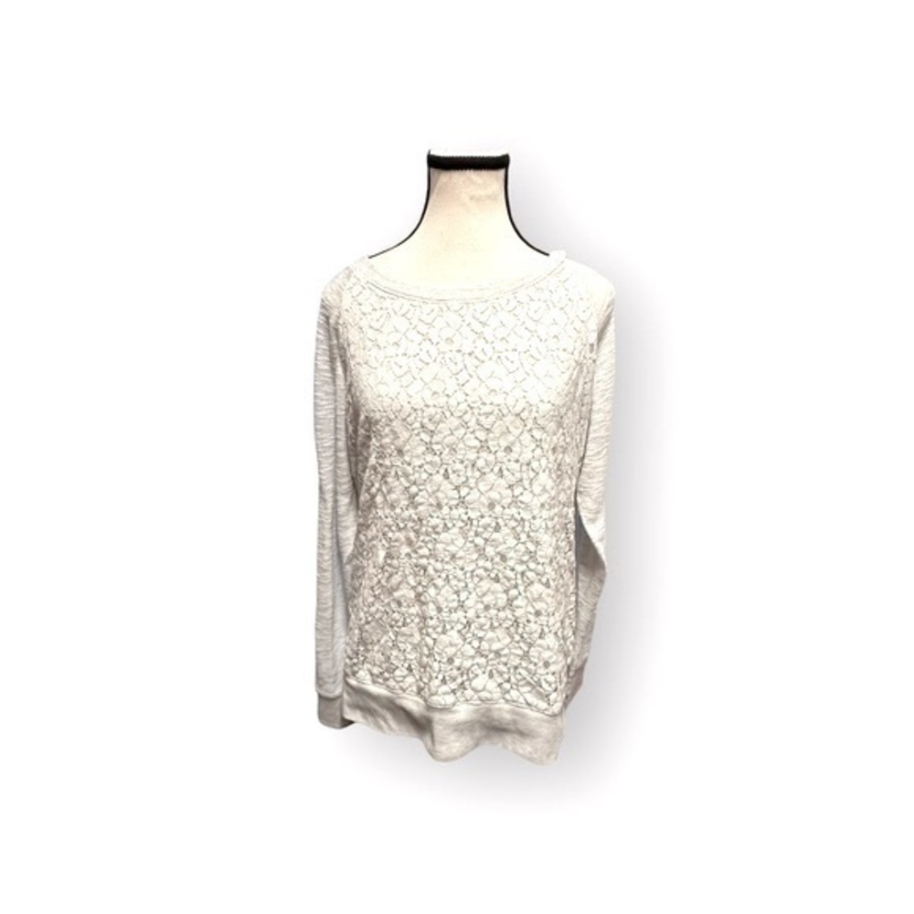 Women’s XL Reitmans White Lace Front Sweater with Light Gray Sweatshirt Sleeve